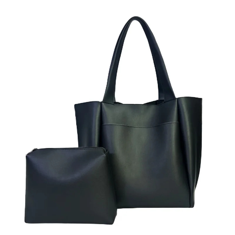 Women's PU Shoulder Bags with Large Capacity Smooth Solid Color Tote Bag with Clutch 2 Pcs Set