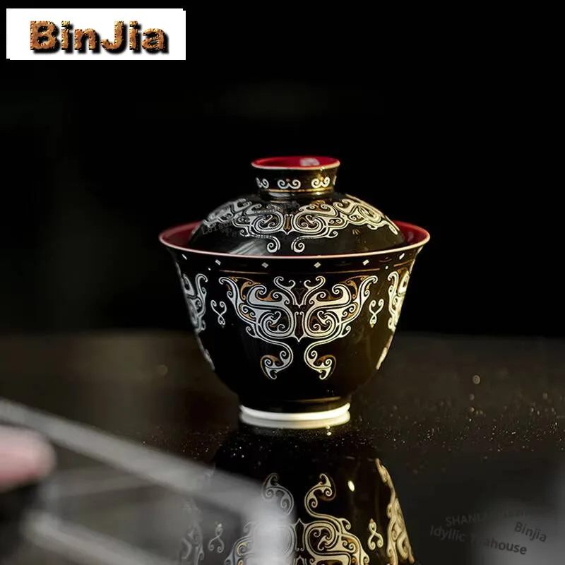 150ml Handmade Imitation Lacquer Black Red Gaiwan Gold Silver Bronze Pattern Tea Tureen Tea Brewing Cover Bowl Chinese Tea Set