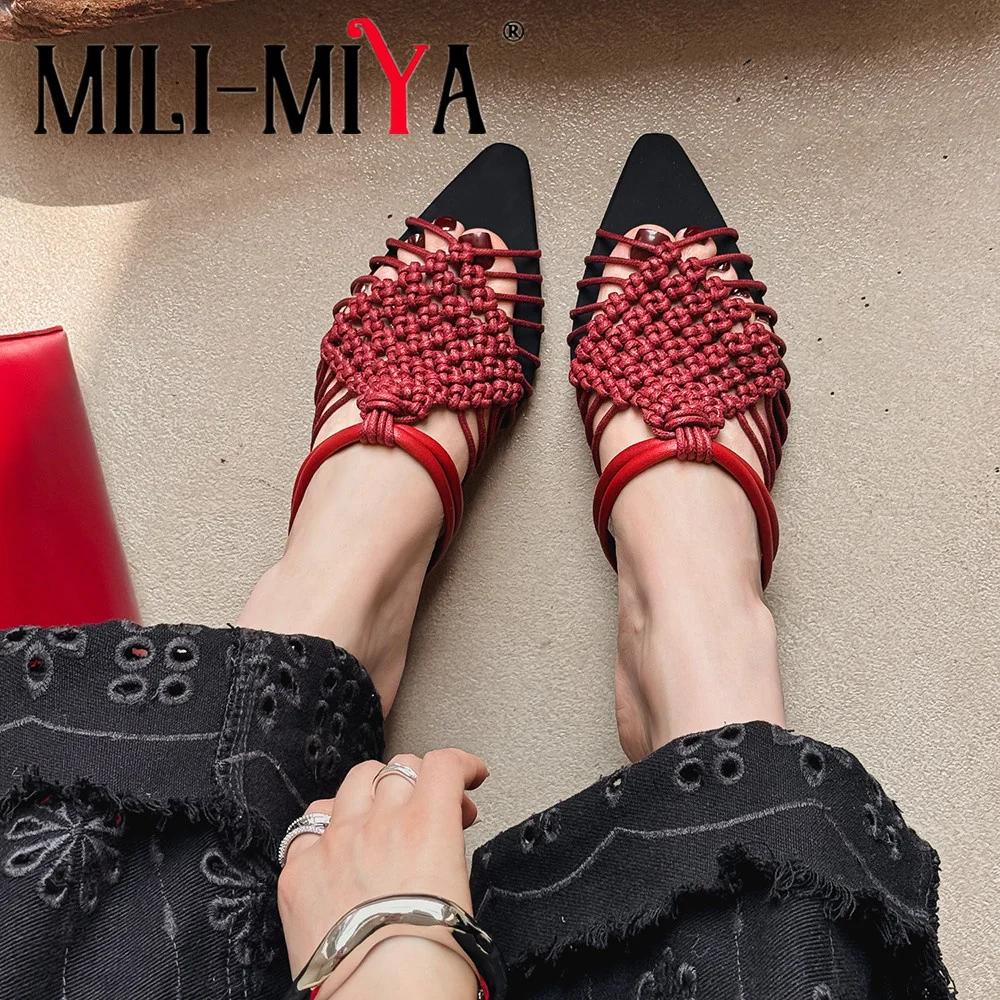 

MILI-MIYA Women's Fashion Pointed-Toe Leather Sandals Comfortable Low-Heel Woven Upper Slip-On Casual Shoes Plus Size 34-41