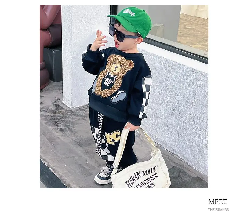 2026 Herbst Zweiteiliges Set mit Cartoon-Print Fleece-Hoodie und langer Hose für Neugeborene Jungen im Herbst und Winter – Detail 9