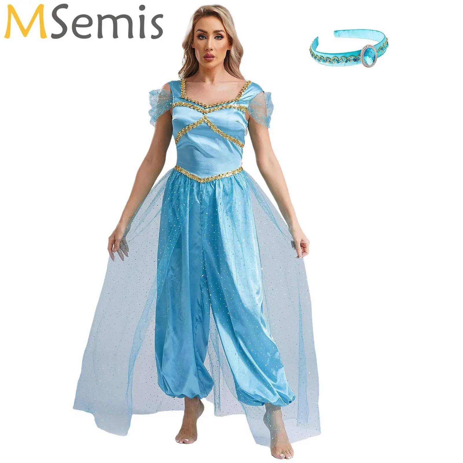 

Womens Belly Dance Jumpsuit Carnival Festival Arabian Princess Cospaly Costumes Romper with Tiara Headband for Halloween Party
