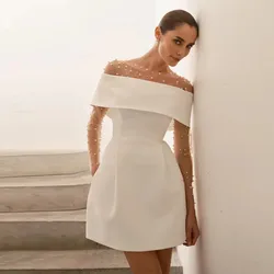 Customized Modern Mini Satin Wedding Dresses Sexy Boat Neck Pleat Pearls Long Sleeves Bride Dresses Sexy Backless Wedding Gowns