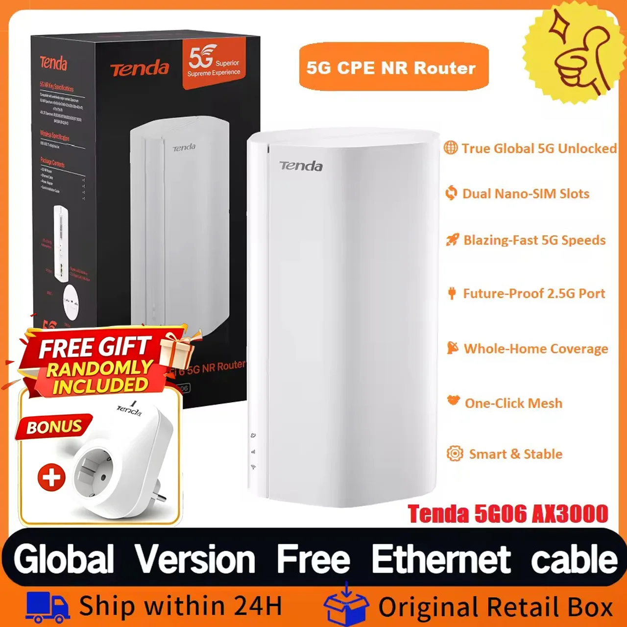 

TENDA 5G CPE SIM маршрутизатор AX3000 WI-FI 6 WIRELESS CPE MODEM WIFI HOTSPOT 5G/4G/3G MULTI-MODE 2,4 ГГЦ 5 ГГЦ домашний интернет маршрутизатор