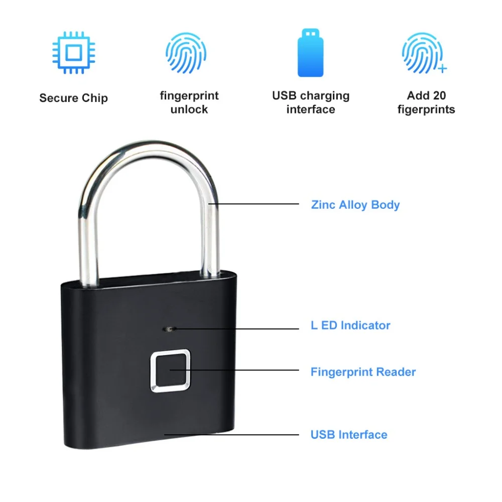 Keyless USB Charging Door Lock Fingerprint Smart Padlock Quickly Unlock Zinc Alloy Metal Self-imaging Chip 20 Fingerprints