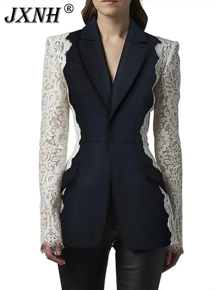 Fashionable Slim Fit One Button Contrasting Lace Patchwork Blazer For Women Clothing 2024 Spring New Female Jacket