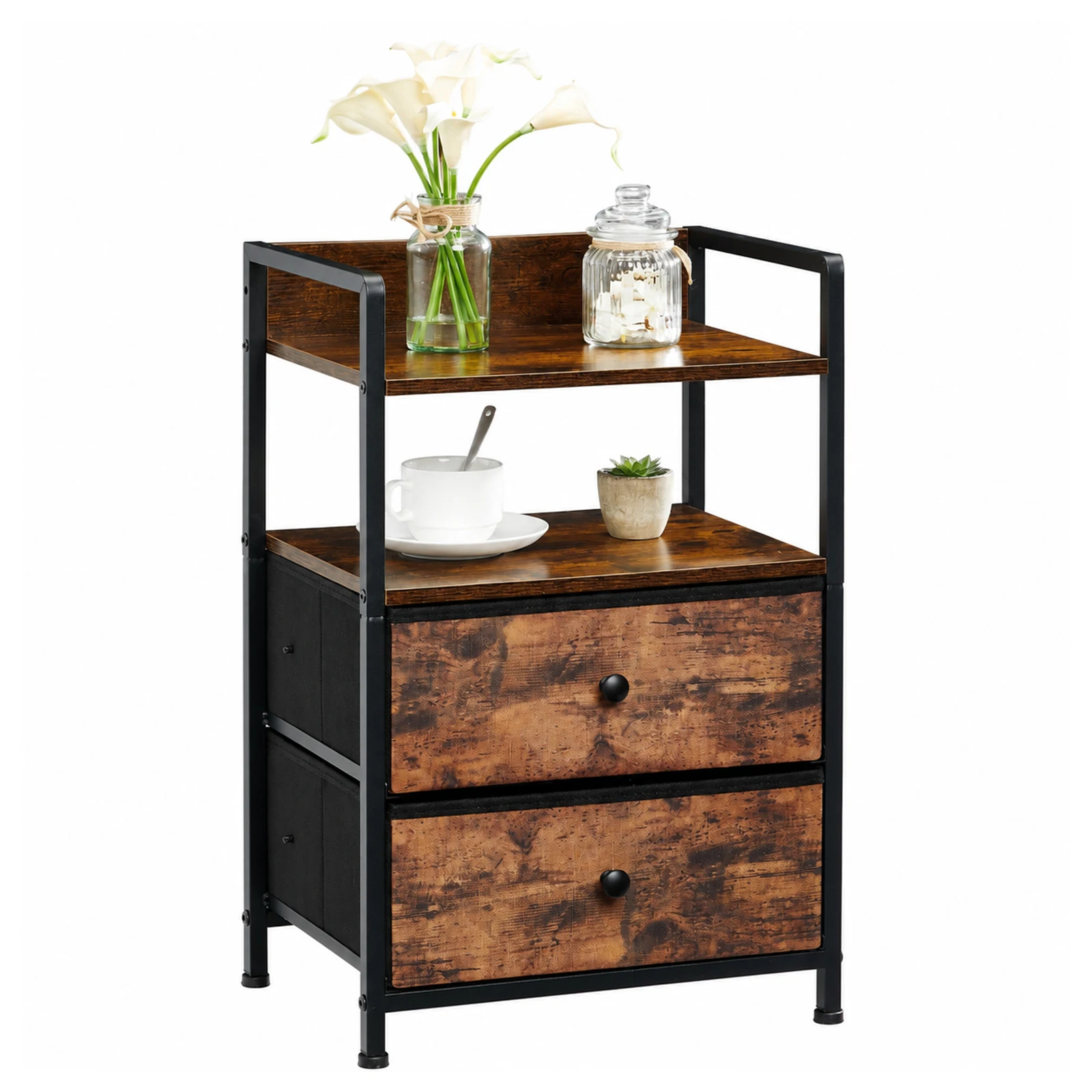Nightstand Bedside Table, 2-Drawer 4-Tier End Table Cabinet, Height-Adjustable Feet, Sturdy Side Table for Bedroom Living Room