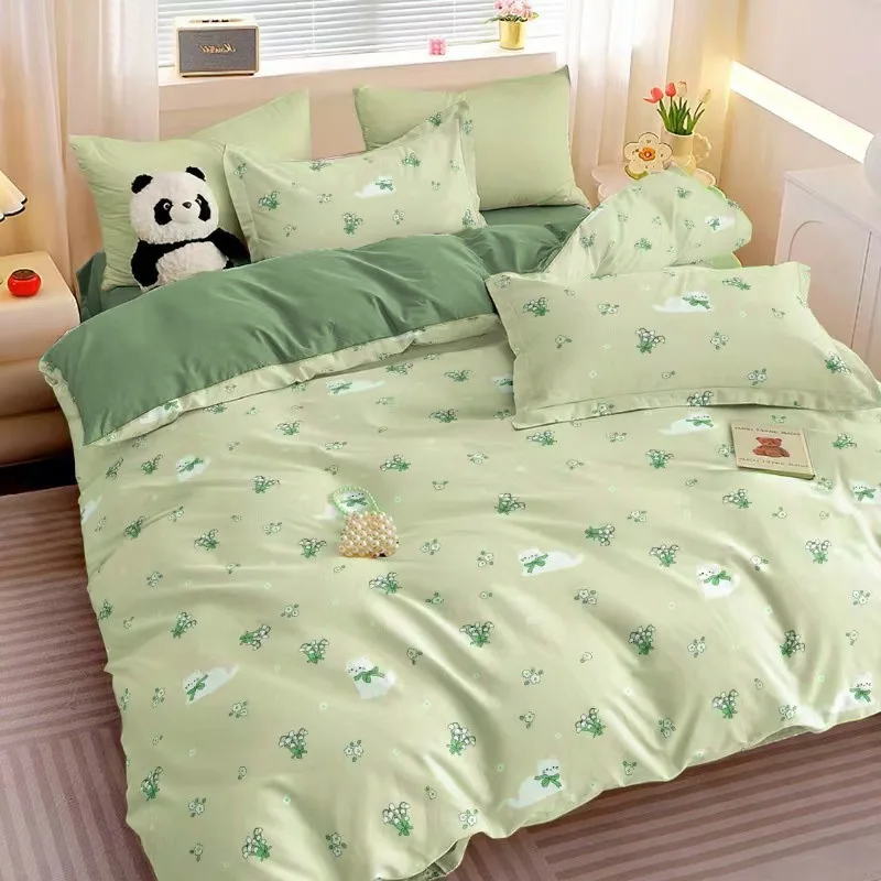 4-Piece Green Cartoon Bedding Set 220x240cm | Cat & Sheep Print Duvet Cover & Pillowcases for Cozy  Home Bedroom