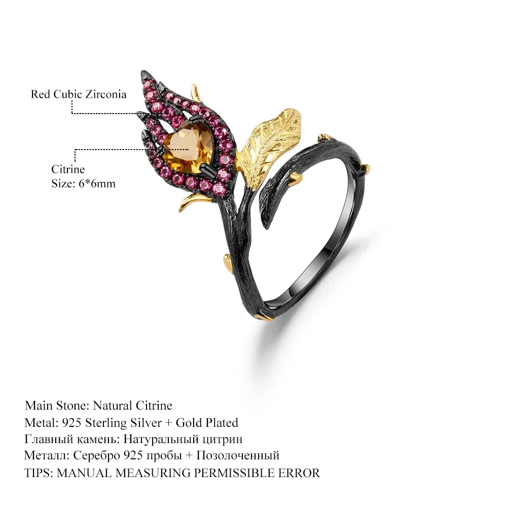 GEM'S BALLET Black&18k Gold Over 925 Silver Two Tone Handmade Heart Burnt in Love Natural Citrine Woman Adjustable Band Ring