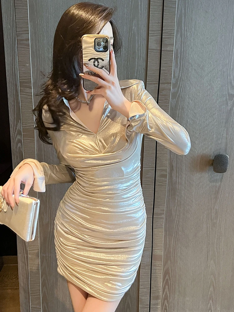 Frühling Mode Sparkly Gold Hemd Kurze Kleider Frauen Kleidung Elegante Casual Sexy Revers Dünne Party Mini Kleid Mujer Vestidos