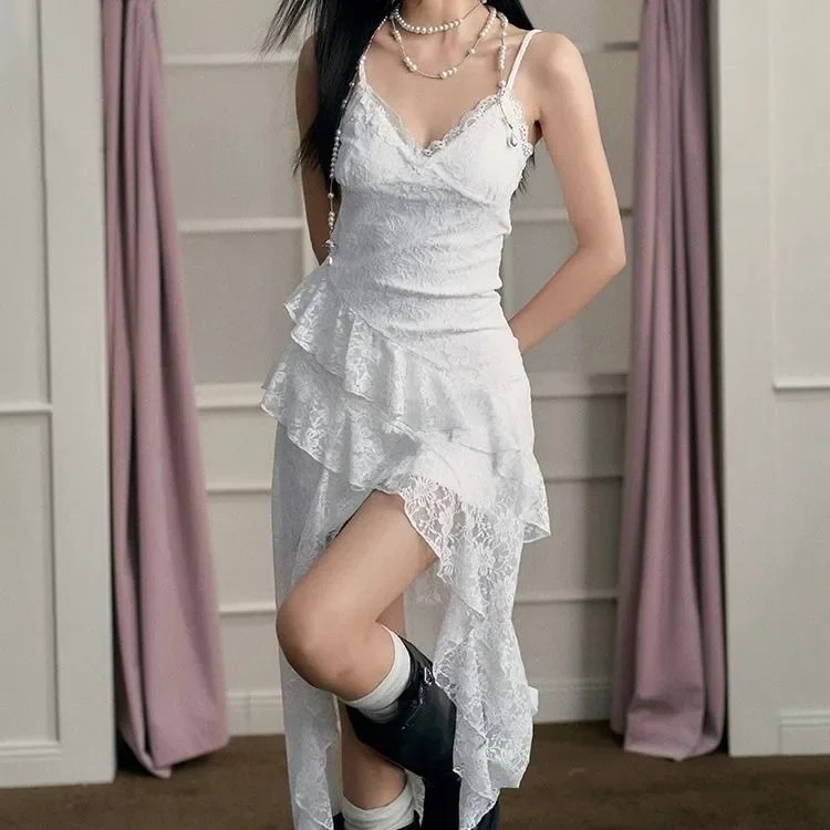 

Модные сексуальные облегающие платья-бретельки с разрезом, новые летние платья для женщин Y2k, кружевные белые платья с рюшами для девочек, Vestidos Mujer