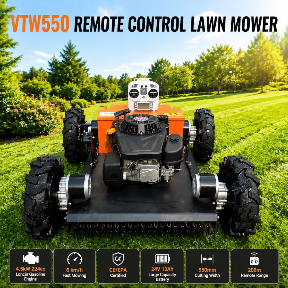 Robotic Lawn Mower with 200m Long Distance Remote Control and 4WD All Wheel Drive for Farm Orchard Vegetation Trimming