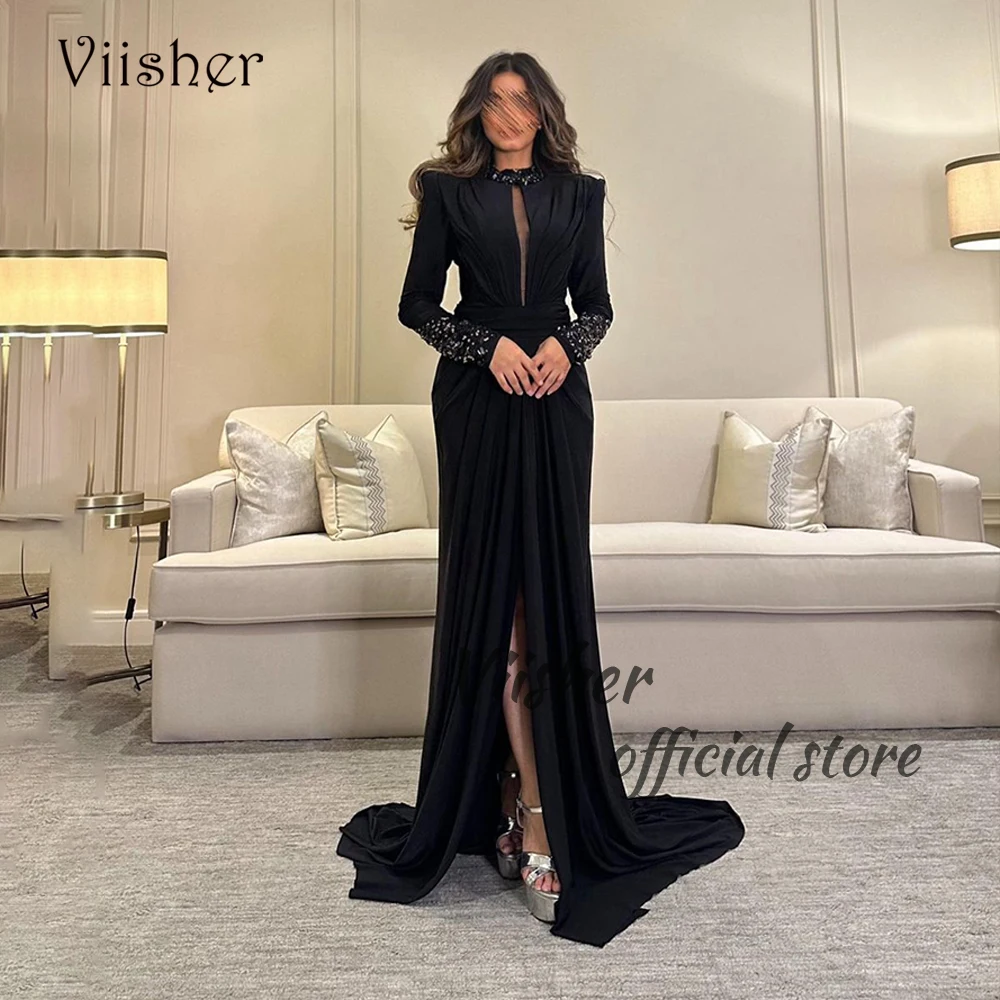 

Viisher Black Mermaid Evening Dresses Long Sleeve High Neck Beaded Satin Formal Prom Dress with Train Arabian Dubai Evening Gown