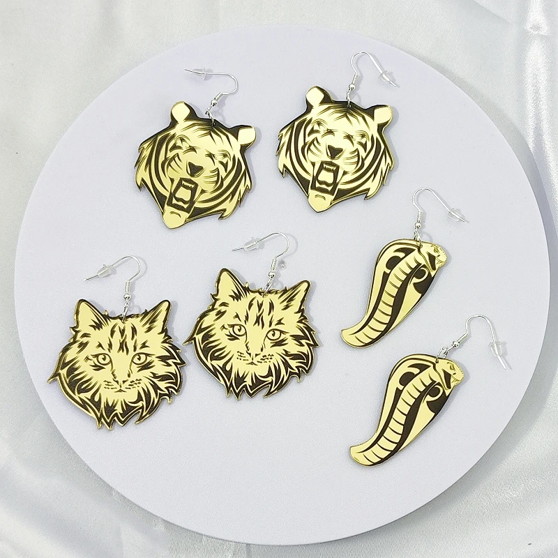 KUGUYS Vintage Exaggerated Animal Drop Earrings for Women Jewelry Mirror Gold Color Acrylic Tiger Cat Snake Trendy Accessories