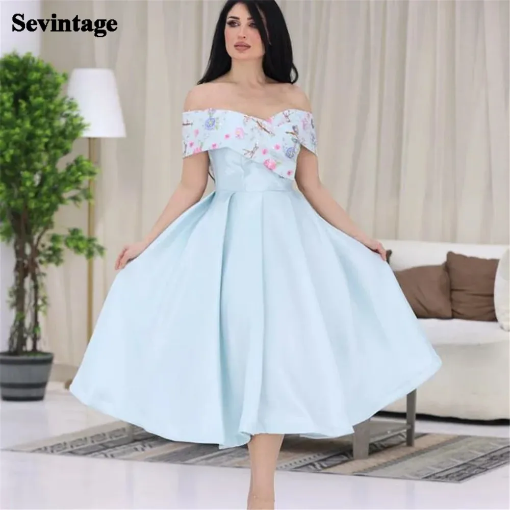 

Sevintage Sky Blue Satin Prom Dress Off The Shoulder Appliques Ruched Ankle Length Evening Dress vestido para eventos especiales