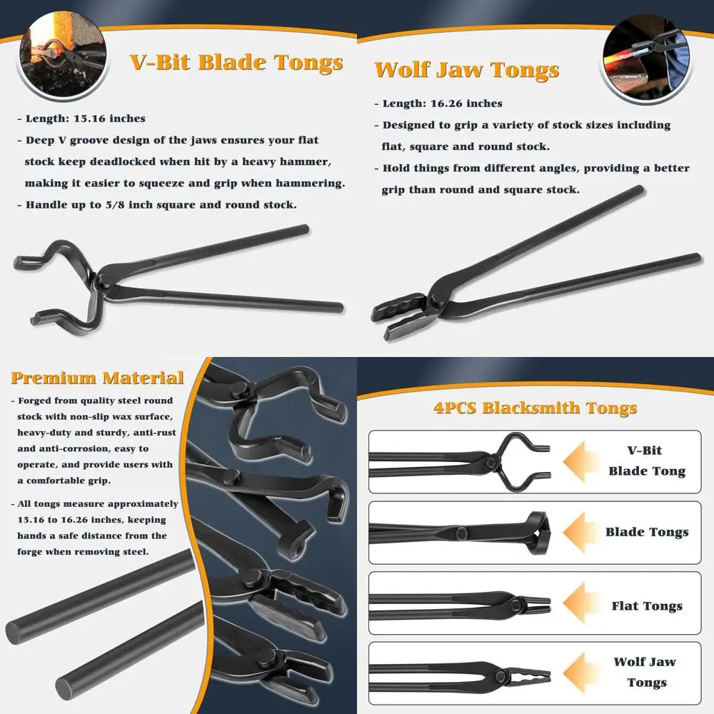 

4-Piece Blacksmith Knife Making Tongs Set: V-Bit, Flat, Blade, Wolf Jaw, Steel Forged Tools