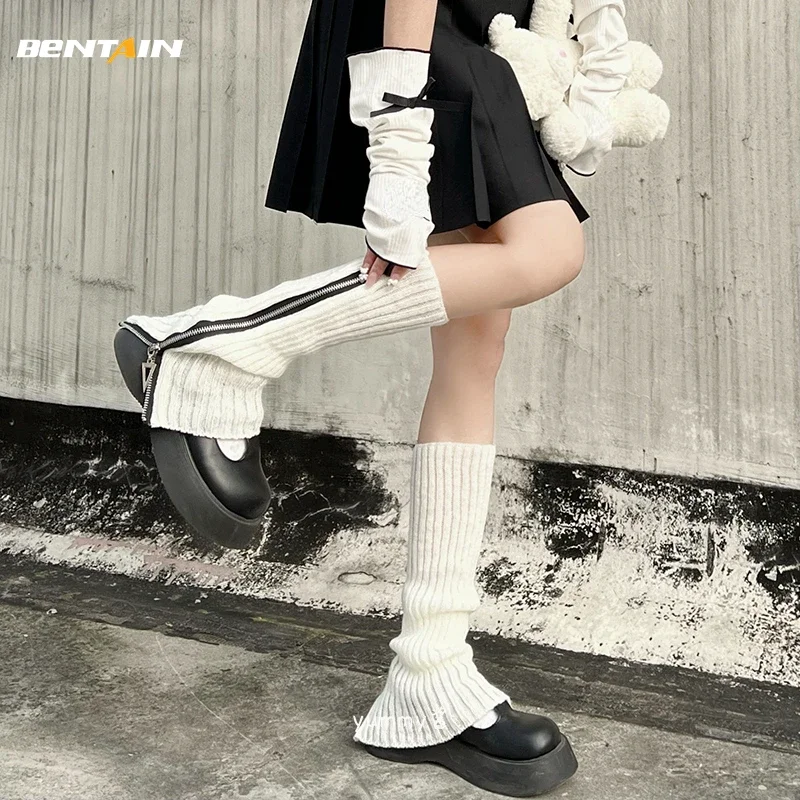 Calentador de piernas con cremallera para mujer, calentador de tobillo Punk, calcetines hasta la rodilla, Otoño Invierno JK, puño de bota,