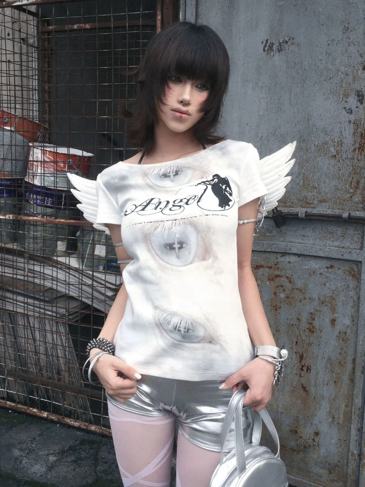 Y2k Vintage Engelsflügel Patchwork T-Shirt Kurzarm Damen Streetwear Subkultur Retro Chic O-Ausschnitt Bodycon Frühling Sommer