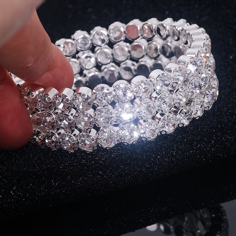 Luxury Bling Crystal Rhinestone Bracelets & Bangles for Women Silver Color Open Cuff Bracelet Elegant Bridal Wedding Jewelry