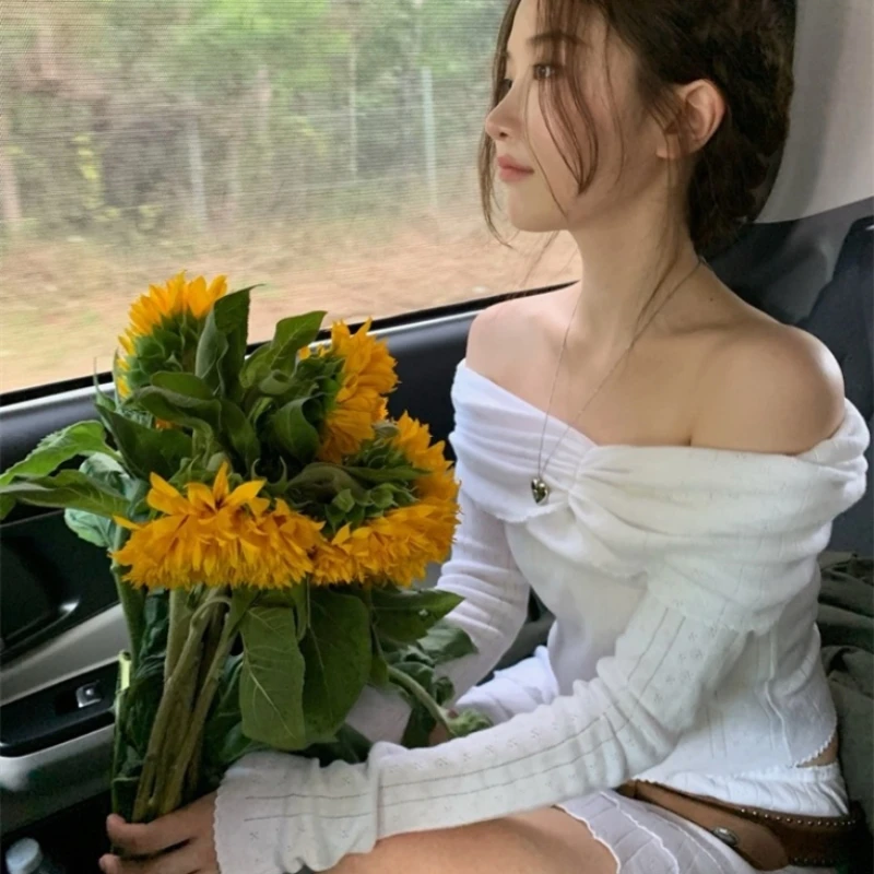 

Spring 2025 Korean Sle Large One oulder Long Sve Knitted Sweater Premium Feel Cotton M Folded