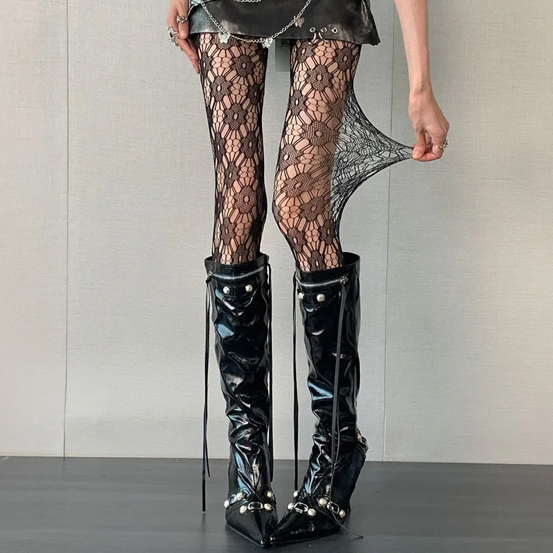 Women's Black Sexy Lace Fishnet Floral Hollowed-out Tights Lolita Sweet Silk Stockings JK Shaping Personality Mesh Pantyhose