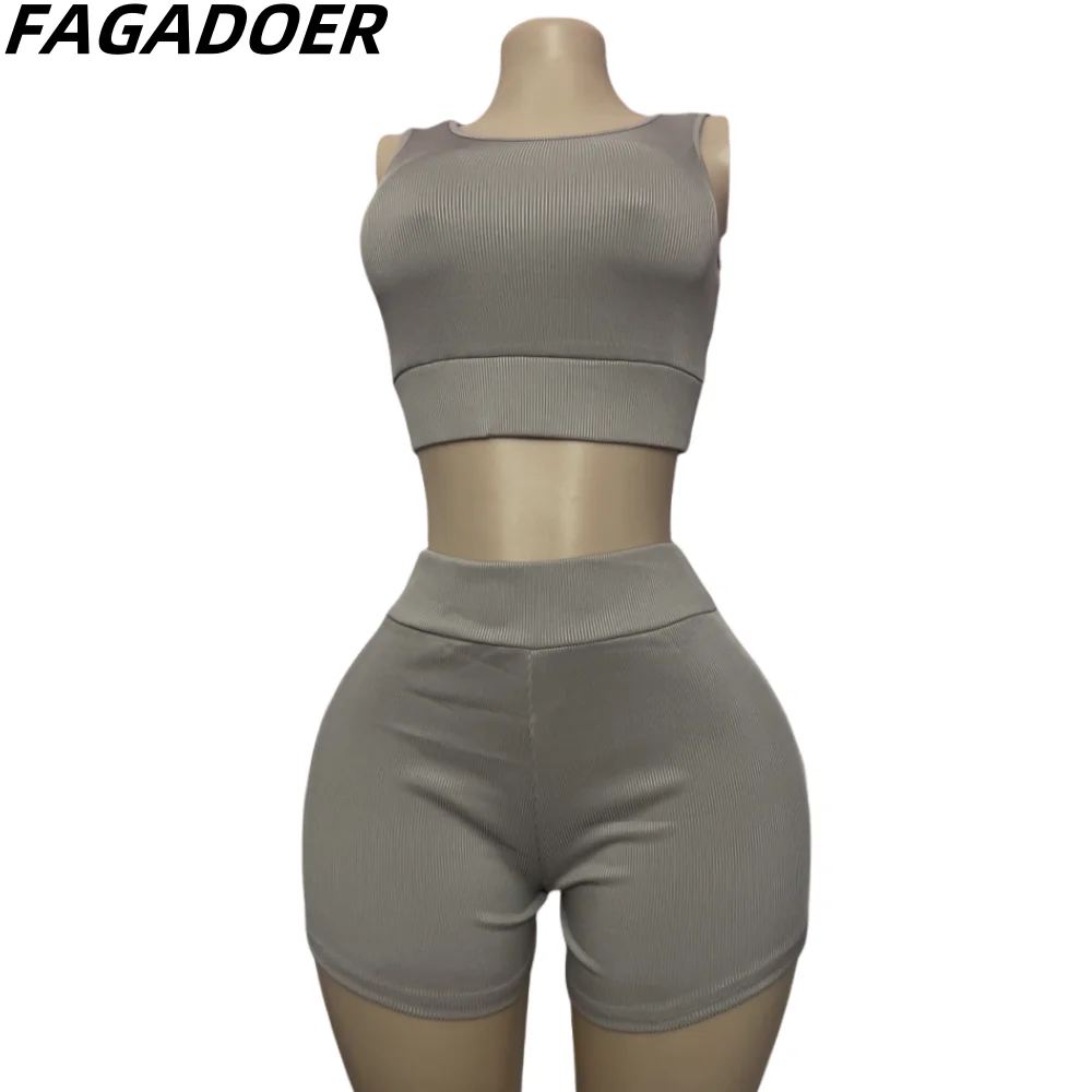 FAGADOER Fashion Solid Ribber Sporty Skinny Shorts Two Piece Sets Women Round Neck Sleeveless Slim Crop Top And Shorts Outfits