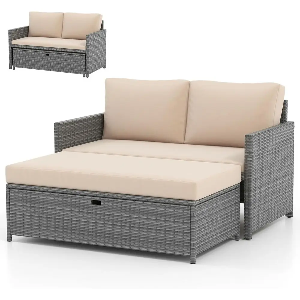 

Двухместная уличная кушетка из ротанга с оттоманкой для хранения, подушками и шезлонгом для патио и у бассейна