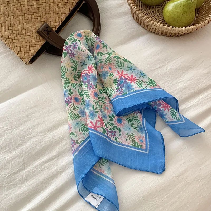 

18Colors Floral Square Scarf Korean Thin Silk Neck Scarf Handkerchief Cotton Hair Scarfs Bag Ribbon Women 55cm
