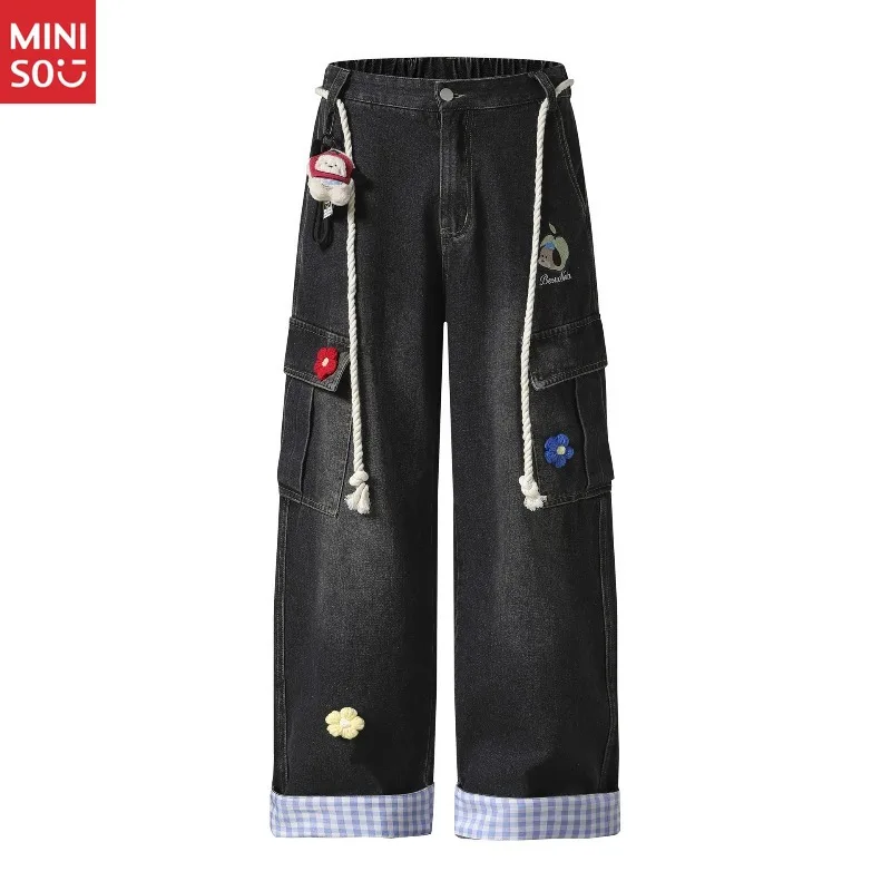 Miniso الأمريكية الرجعية انفصال الرباط الأزهار التطريز مستقيم الساق السراويل للجنسين فضفاض الكلب قلادة واسعة الساق #2