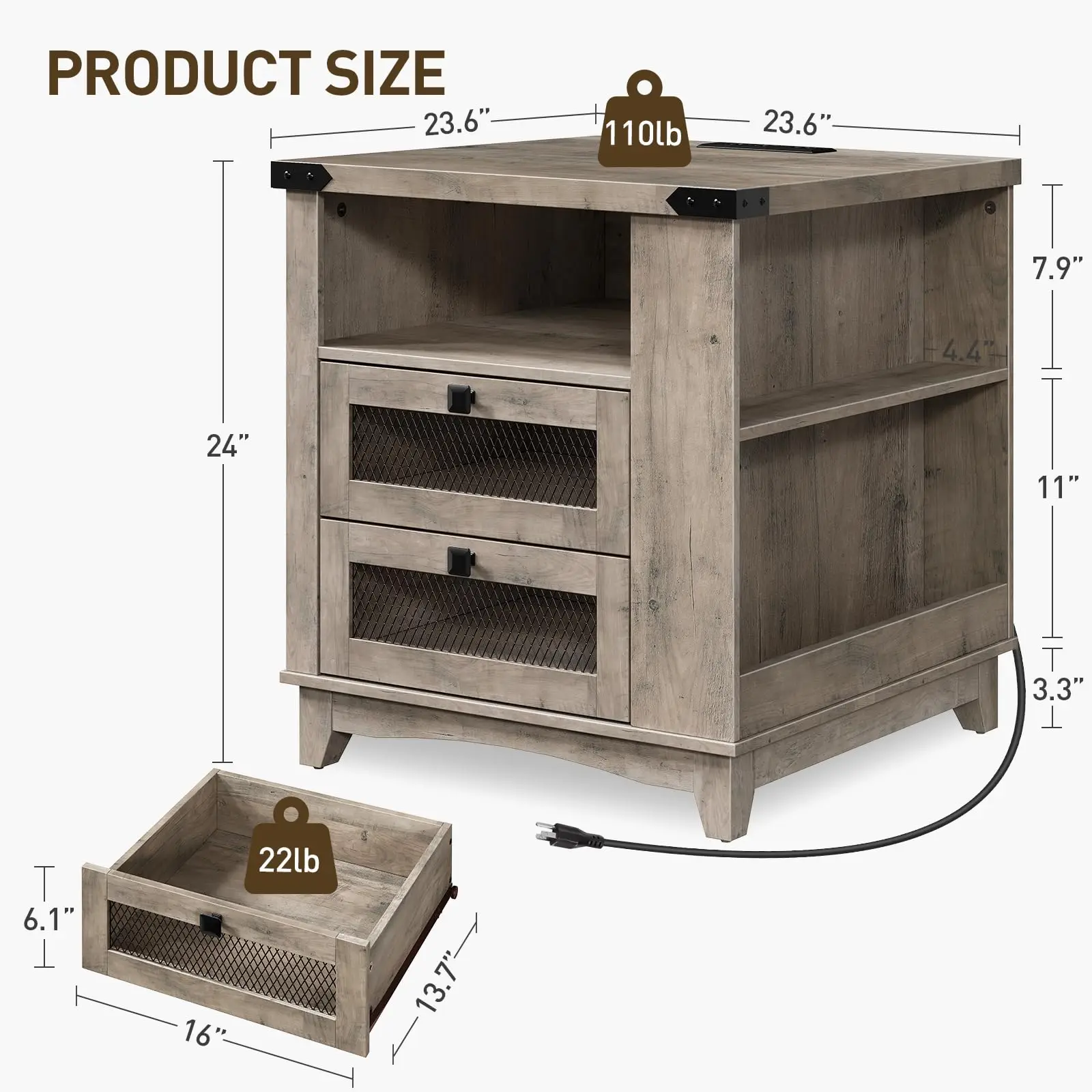 Farmhouse End Table with Charging Station and LED, Greige
