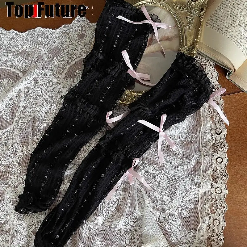 Lolita Stockings Bow Lace Ruffle Stockings Y2K Girl Socks Female Stocking Uniform Calf Sock Student Over Knee JK Socks Leg Ring