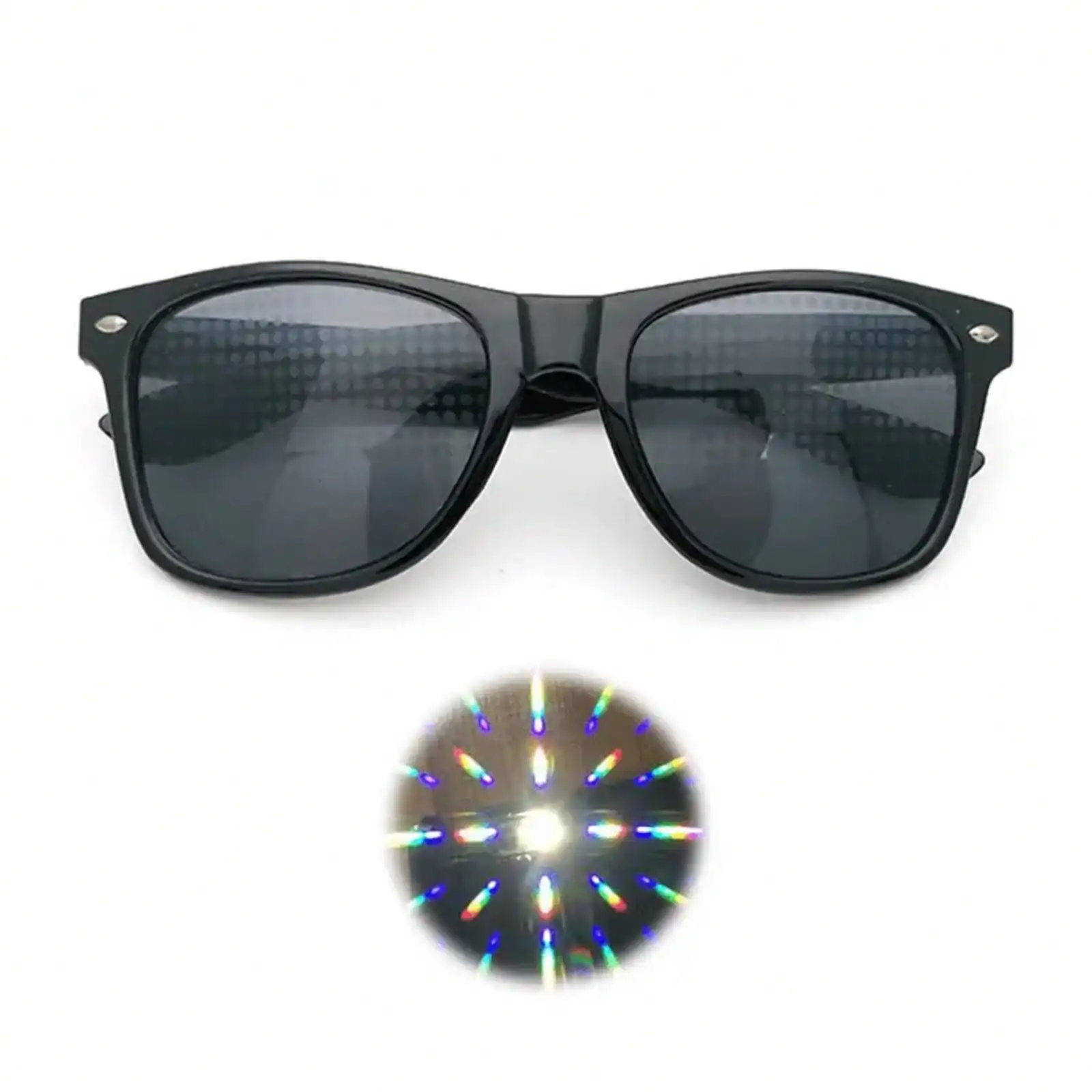 Prism Effect Diffraction Glasses - Black Frame, Light Refraction Lenses, Suitable For Parties, Raves, Concerts - Disco And Casual Outfits - No Prescription Needed, Rave Essential, Fun Glasses, Durable Material