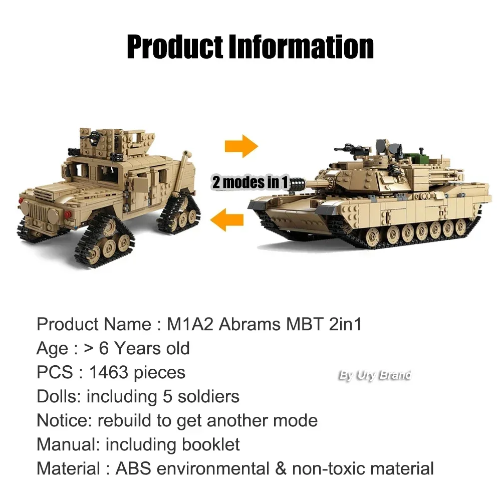 2in1 WW2 Military M1A2 Abrams MBT Tank Model Army Cannon Chariot Set Soldier Figures DIY Building Blocks Toys for Boys Kids Gift