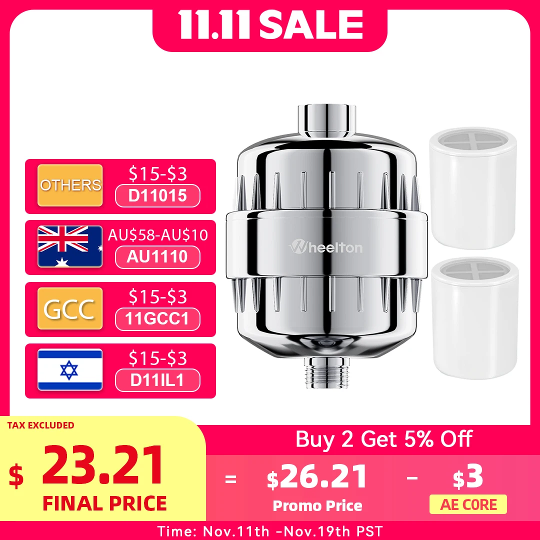 Wheelton Water Filter Purifier KDF+Calcium Sulfite Shower Bathing Softener Chlorine Removal Attach 2 Extra Filters