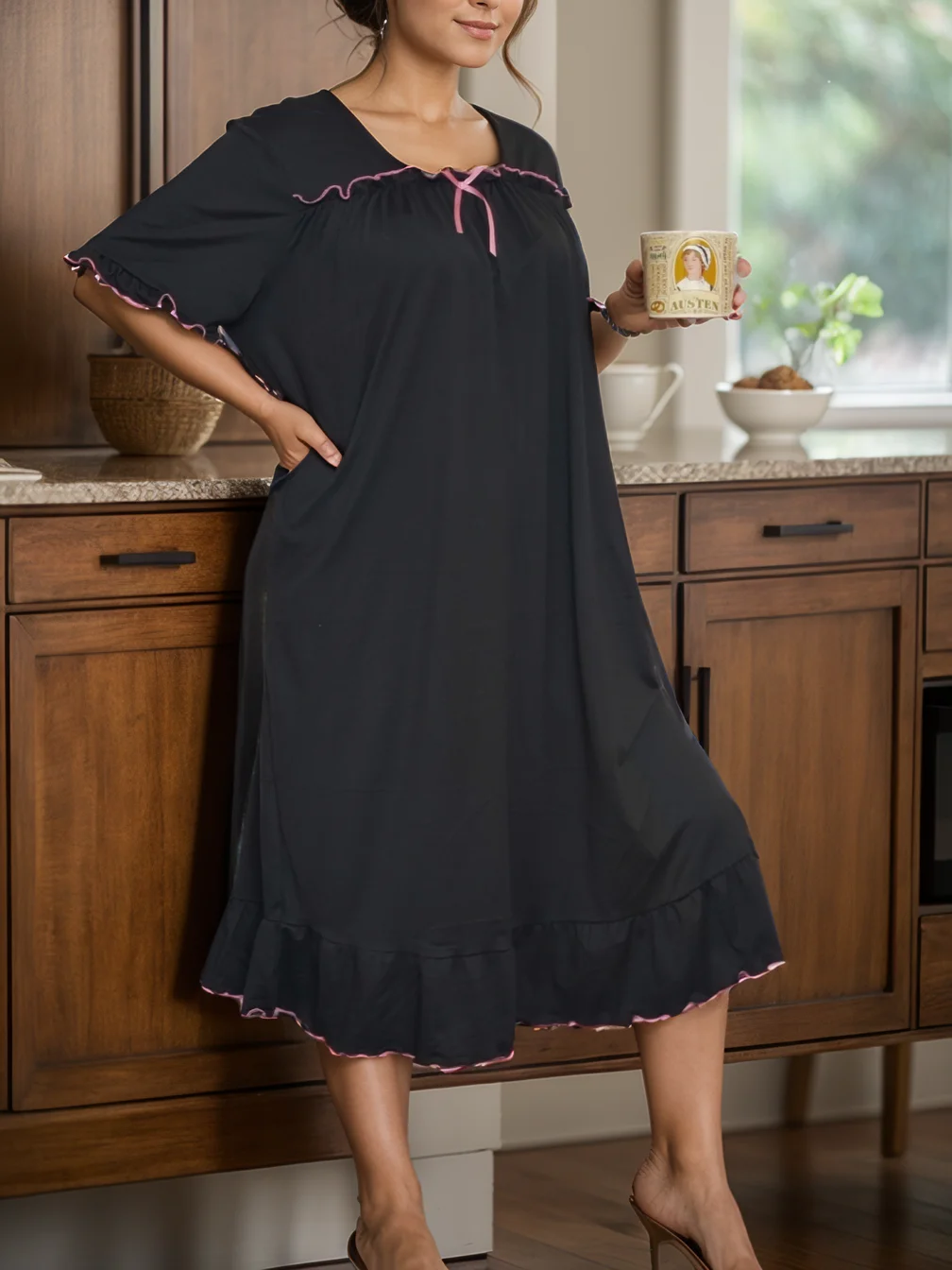 

Plus Size Women's Casual Pink Bow Black Peplum Nightgown - Short Sleeve Mid-Length Sleepwear for Home, Lounge Special Occasion