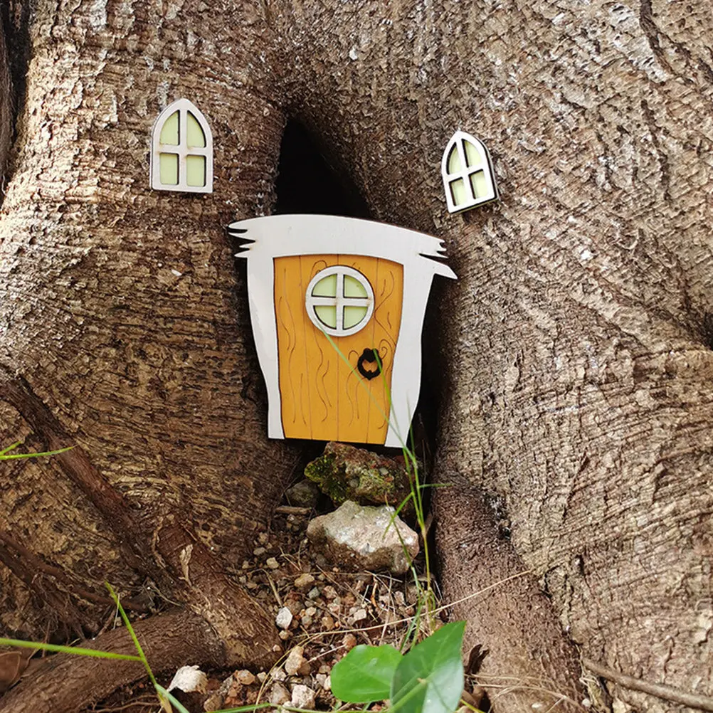 

1Set Mini Wood Fairy Door and Window Set Realistic Garden Decor for Fairy House Landscape Tree Yard Decoration