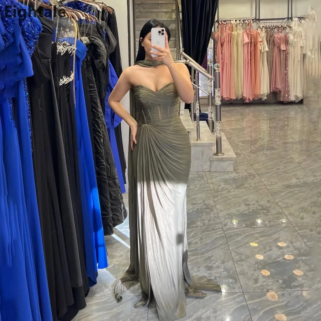 

Eightale 2025 Army Green Silk Chiffon Maxi Evening Dress With Wrap Wedding Party Formal Prom Dress Dubai Party Gown Customized