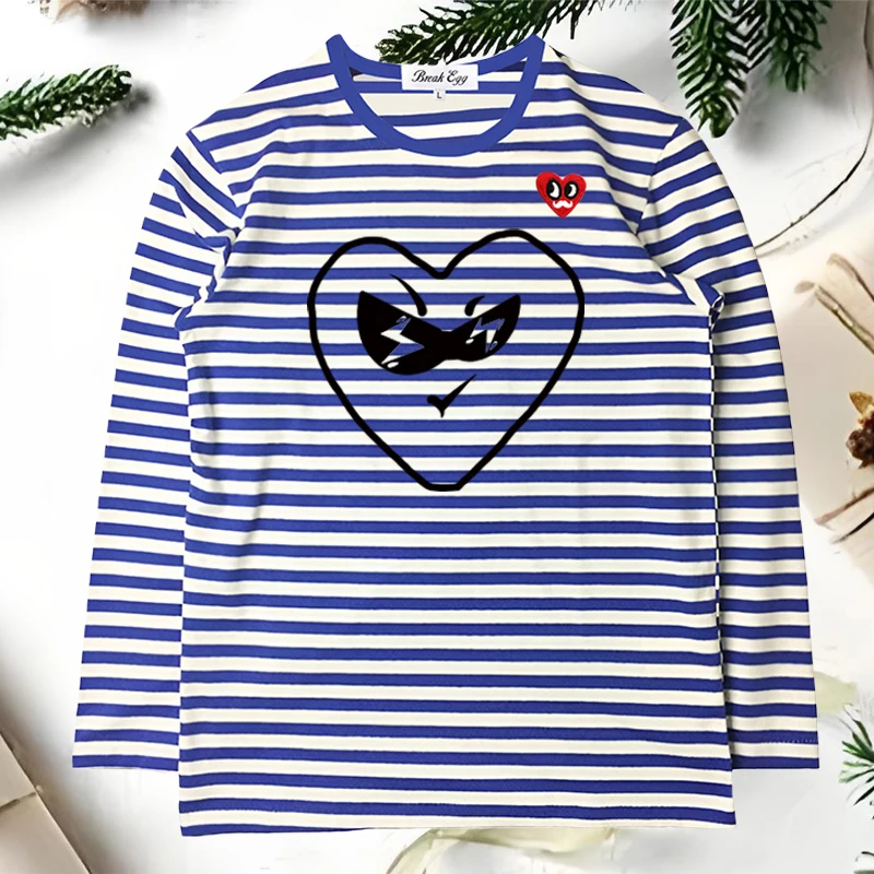 

Hollow Smiley Face Love Glasses Print Women Striped T-Shirt Red Eyes Beard Heart Embroidery Cotton O-neck Long-sleeved T-shirt