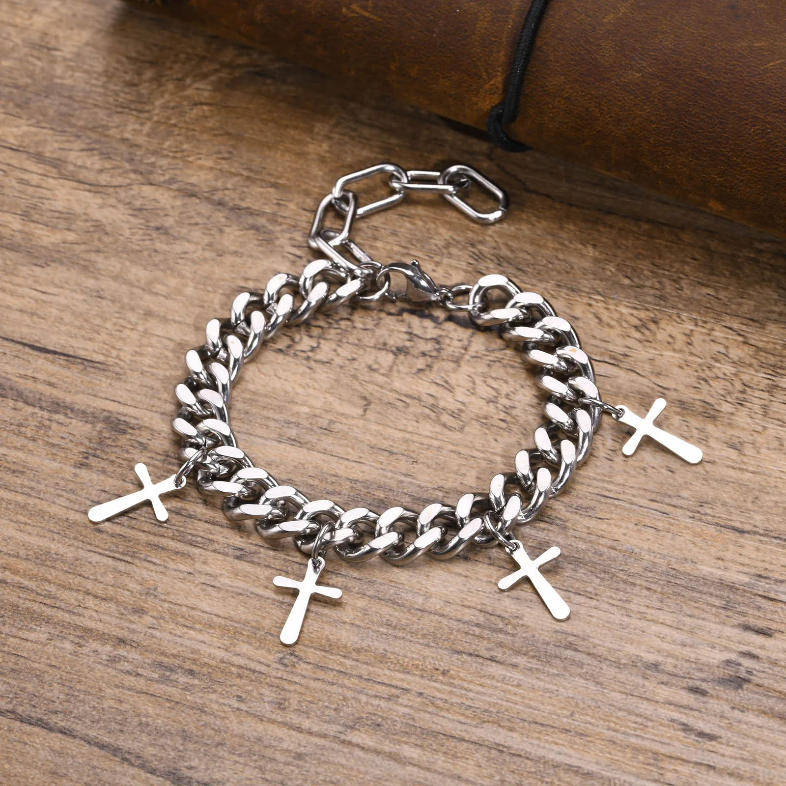 Mprainbow Mens 9MM Cuban Chain Bracelets, Waterproof Stainless Steel Link Chain Wristband with Cross Charm Gifts for Him Jewelry image 3
