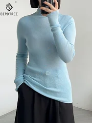 Birdtree 18G 100% Wool Elegant Seamless Thin Sweater, Women Mock Neck Long Sleeve, Basic Knit Tops, 2024 Autumn T46503QM