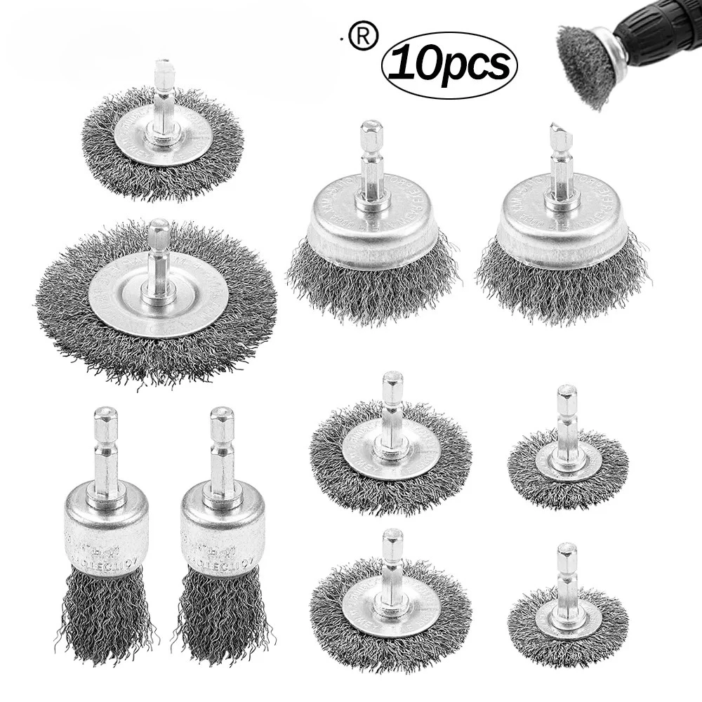 

10pcs /Set Wire Drill Brush Mini Wire Cup Wheel Brush 1/4" Hex Shank Wire Brush Polishing Tool for Rust Weld Paint Cleaning.