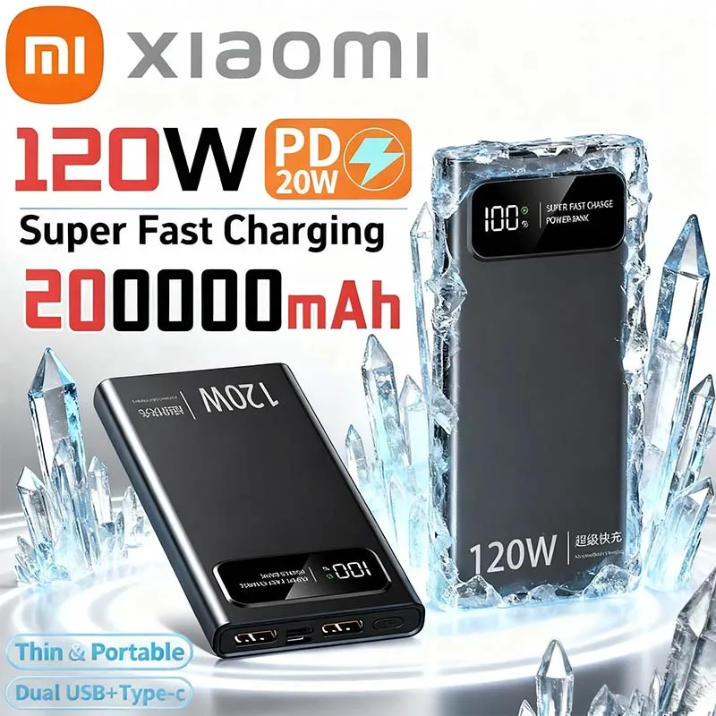 Xiaomi 200000mAh قوة البنك 120W سوبر شحن سريع البطارية عالية السعة شاشة ديجيتال قوة البنك آيفون سامسونج هواوي