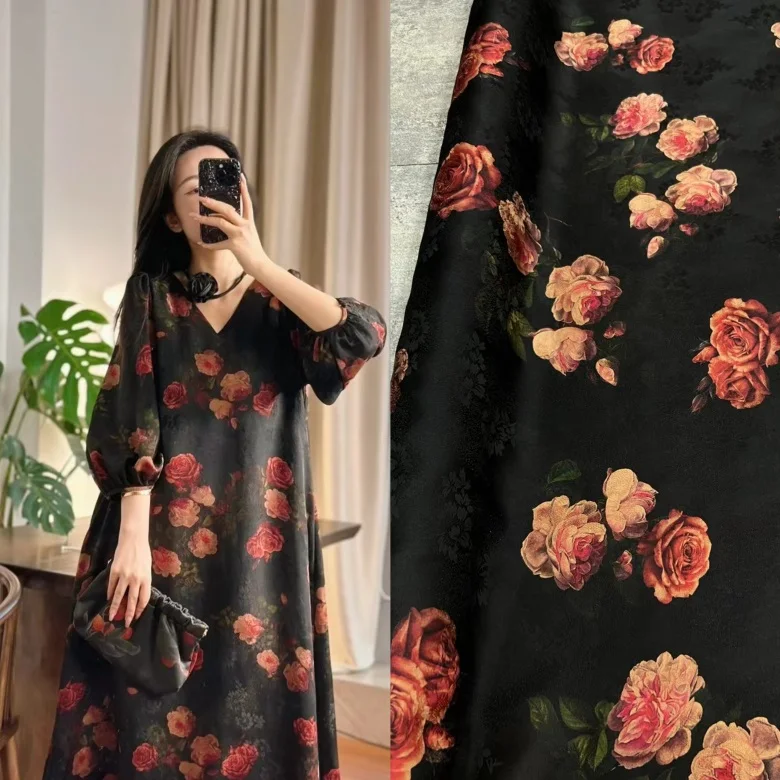 

New High-Defn Silk Fabric Yellow Rose Fraant Cloud a High-End Dr Material Chinese Sle Plant Pattern
