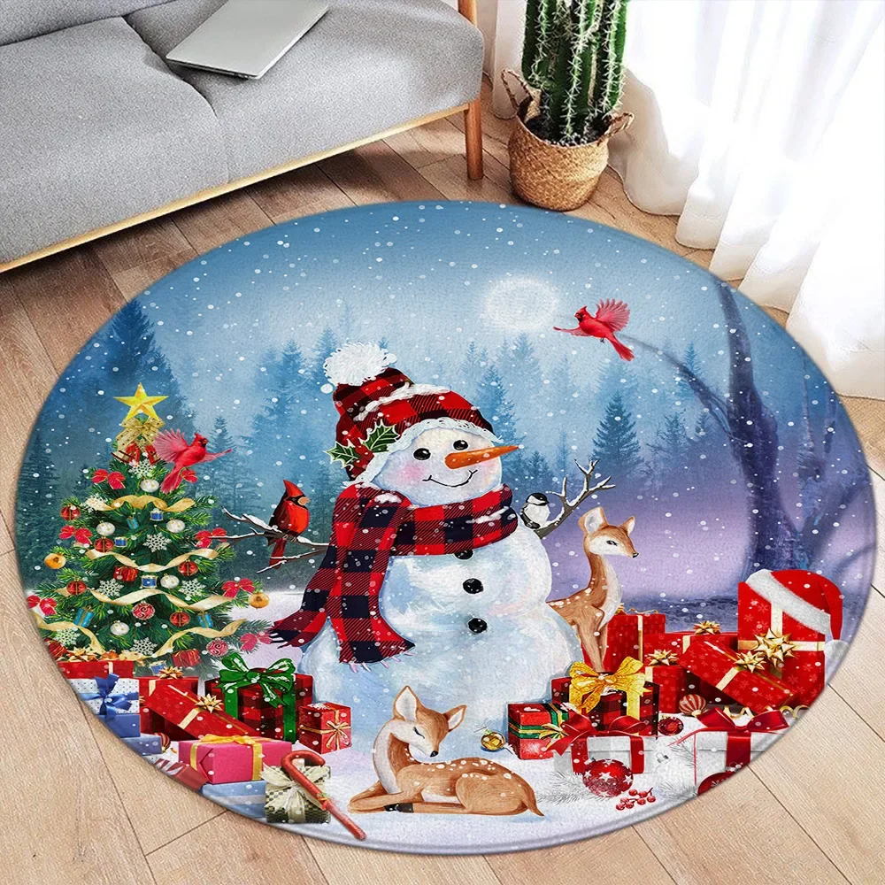 Cute Snowman Round Carpet Winter Forest Xmas Tree Gift Elk Christmas Rugs Home Living Room Sofa Bedroom Decorative Floor Mats