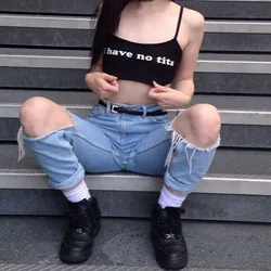 Funny Letters Hot Girls Clothes I Have No Tits Crop Top for Women Seamless Sleeveless White Tank Tops Camis Backless Camisole