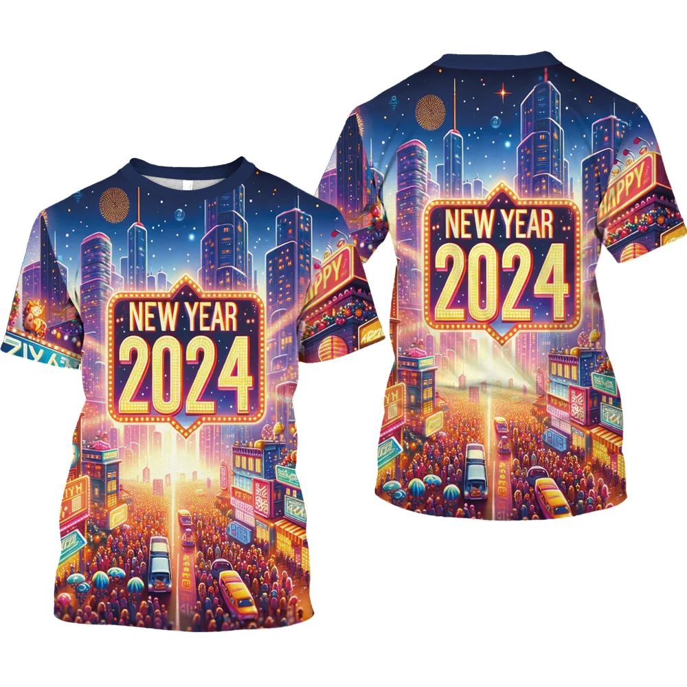 Men's 2024 T shirt Colorful Balloon 3D Parent-child Clothing Round Neck Short Sleeve Boy's Tee Happy New Year City Unisex Top