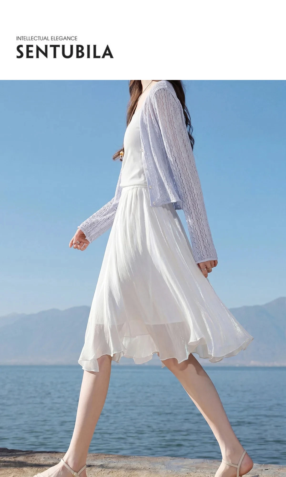 SENTUBILA Weißer Chiffon-Schimmerrock für Damen, Sommer 2026, Eleganter, Elastischer Bund, Unregelmäßiger, Lässiger Schirmrock Q62QG7308 – Detail 1