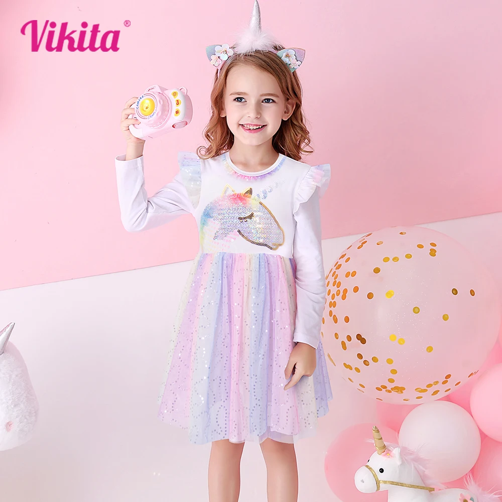 VIKITA Girls Dress Autumn Winter Kids Sequin Long Sleeve Dress for Girl Unicorn Party Princess Dress Children Clothing 3-8 Years