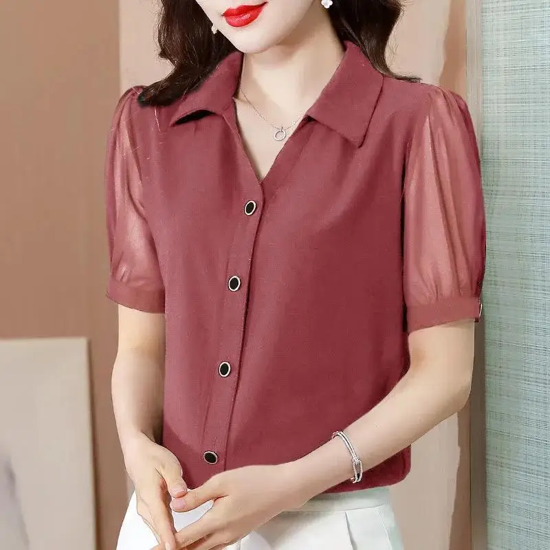 Elegant Solid Color Loose Folds Chiffon Shirt Women Clothing 2024 Summer New Oversized Casual Tops All-match Office Lady Blouse