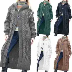 Twist Knot Pocket Loose Button Sweater Cardigan Coats Autumn Winter Female Knitted Trench Hoodie Coats