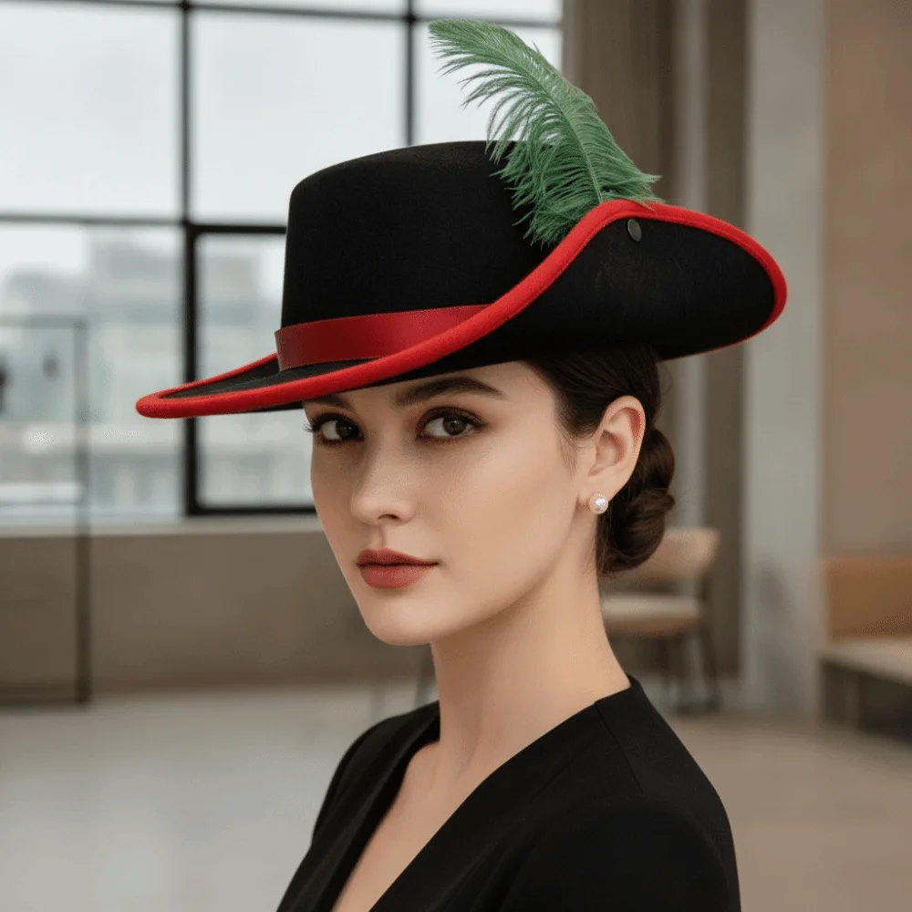Felt Cavalier Top Hat Artificial Feather Flat Top Feather Stage Cap Black Wide Brim Masquerade Headwear Photo Studio Prop